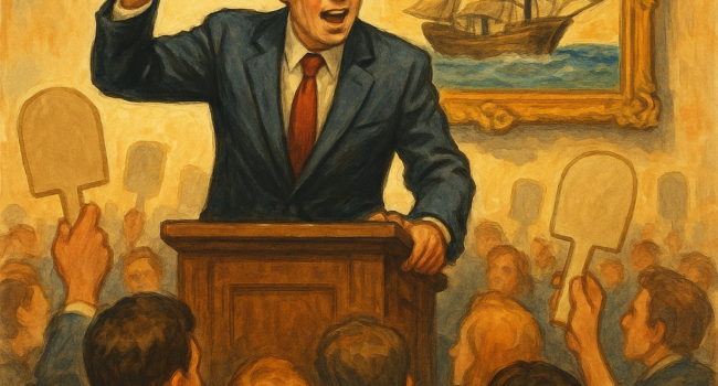 illustration of man waving gavel at an auction