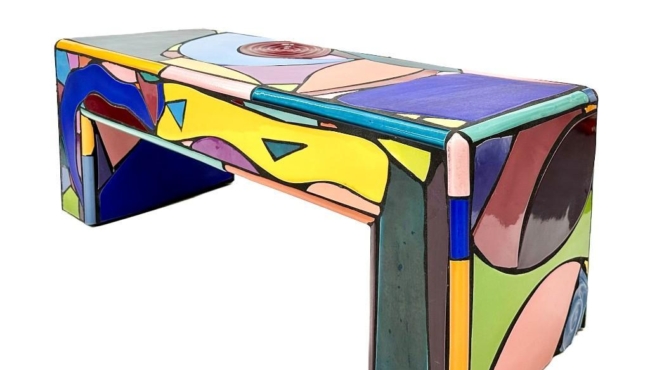 Marlo Bartels Ceramic Tile, Grout, and Resin Whimsical 90s Postmodern Bench