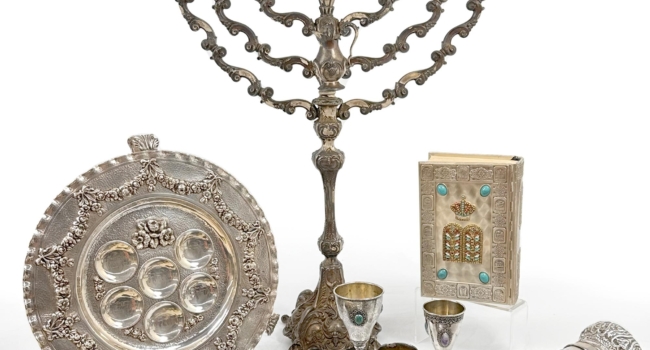 Judaica Auction featuring sterling silver menorahs and kiddish cups, brass candelabras, original artwork, a large scale bronze Star of David sculpture by Marilyn Simon