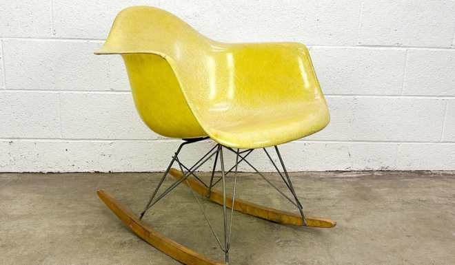 Eames Rope Edge Rocker Chair 1st Generation Yellow Fiberglass Shell w/ Original Rocker Base