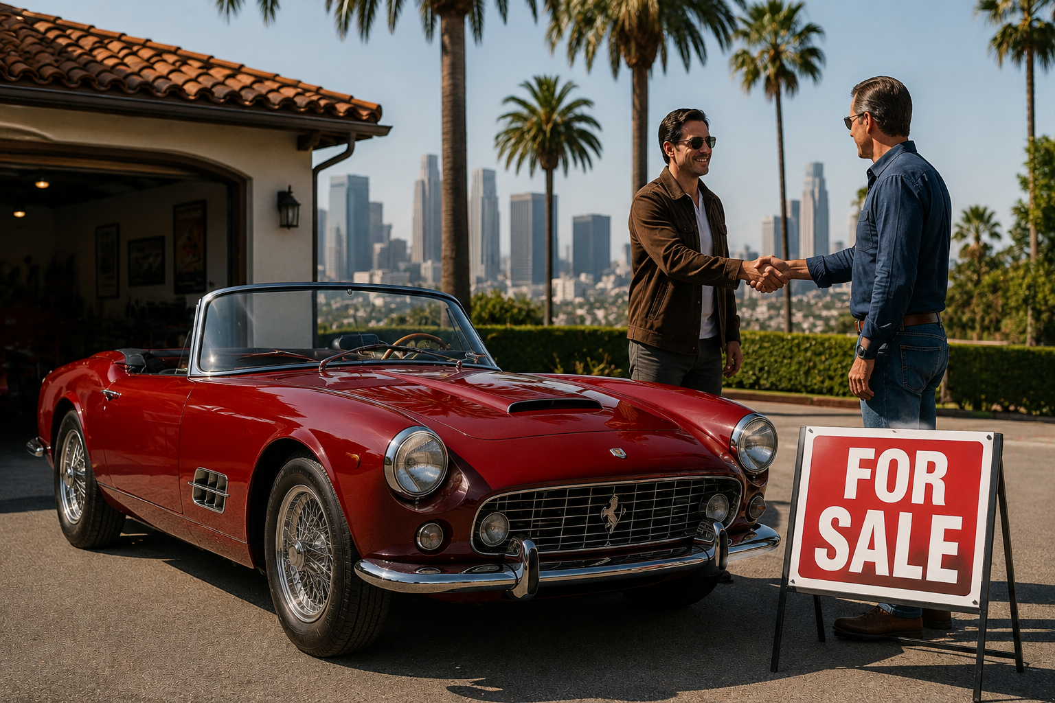 Classic car sale in Los Angeles with vintage convertible and buyer seller handshake