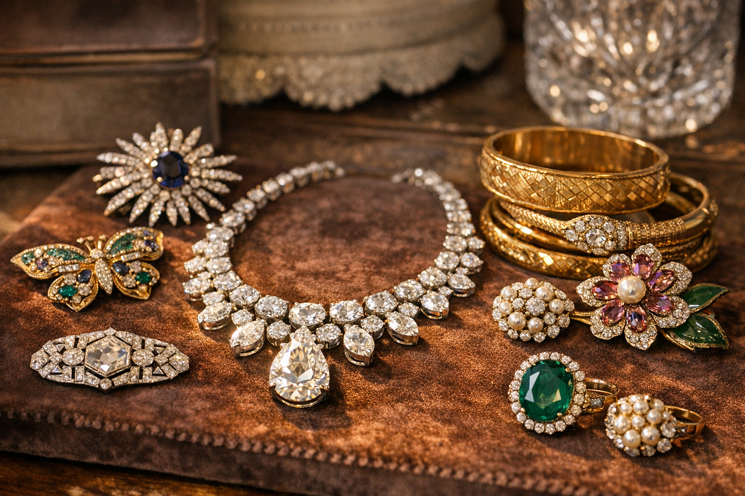 Assorted estate jewelry on velvet surface.