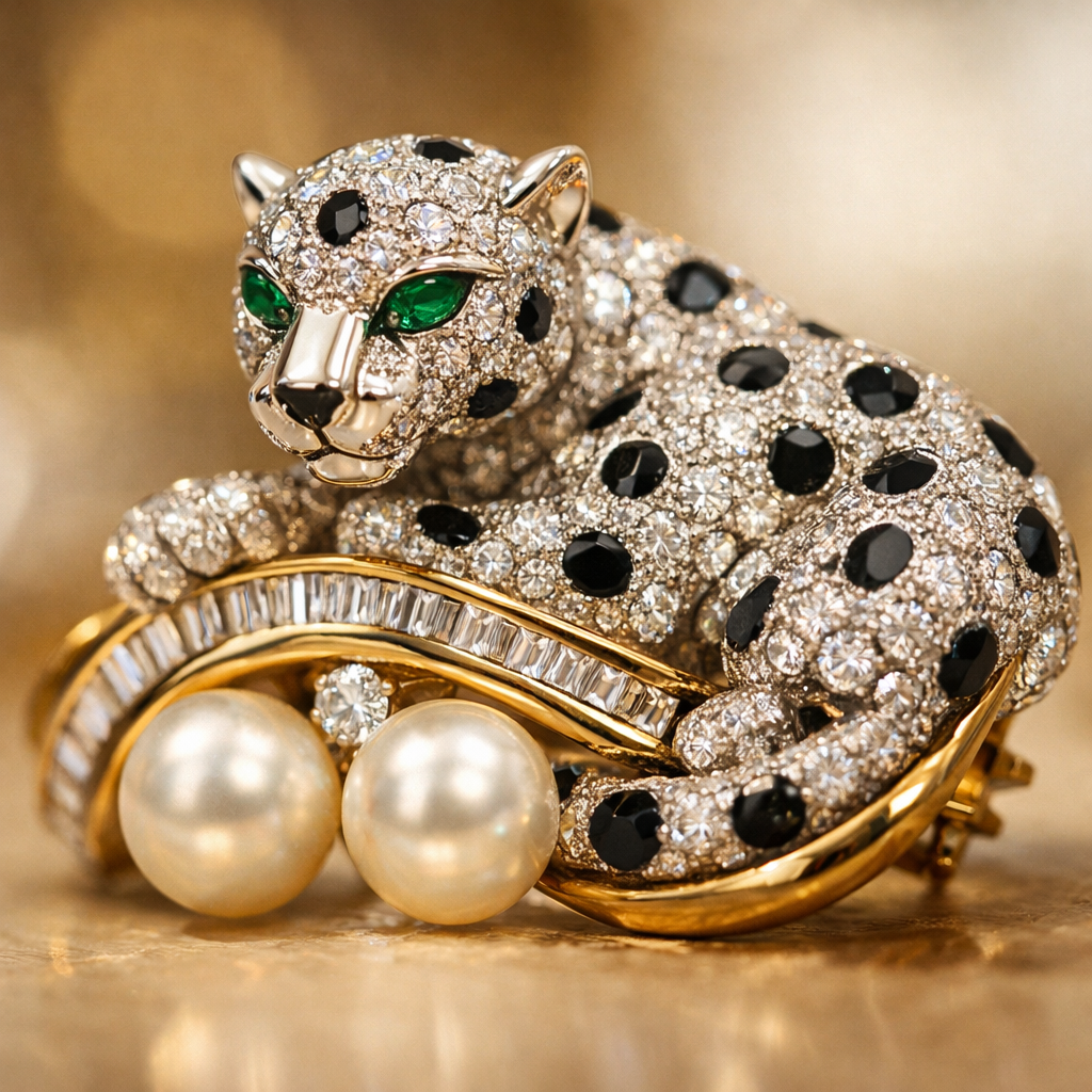Close-up of a signed Cartier brooch.