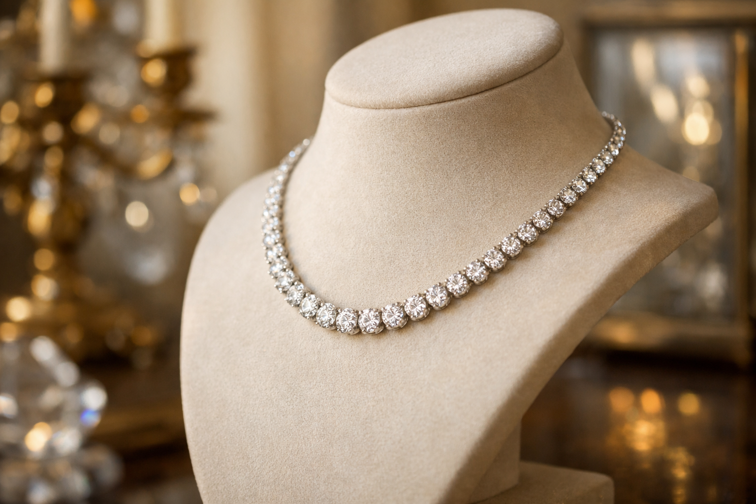 Diamond rivière necklace on a jewelry bust.