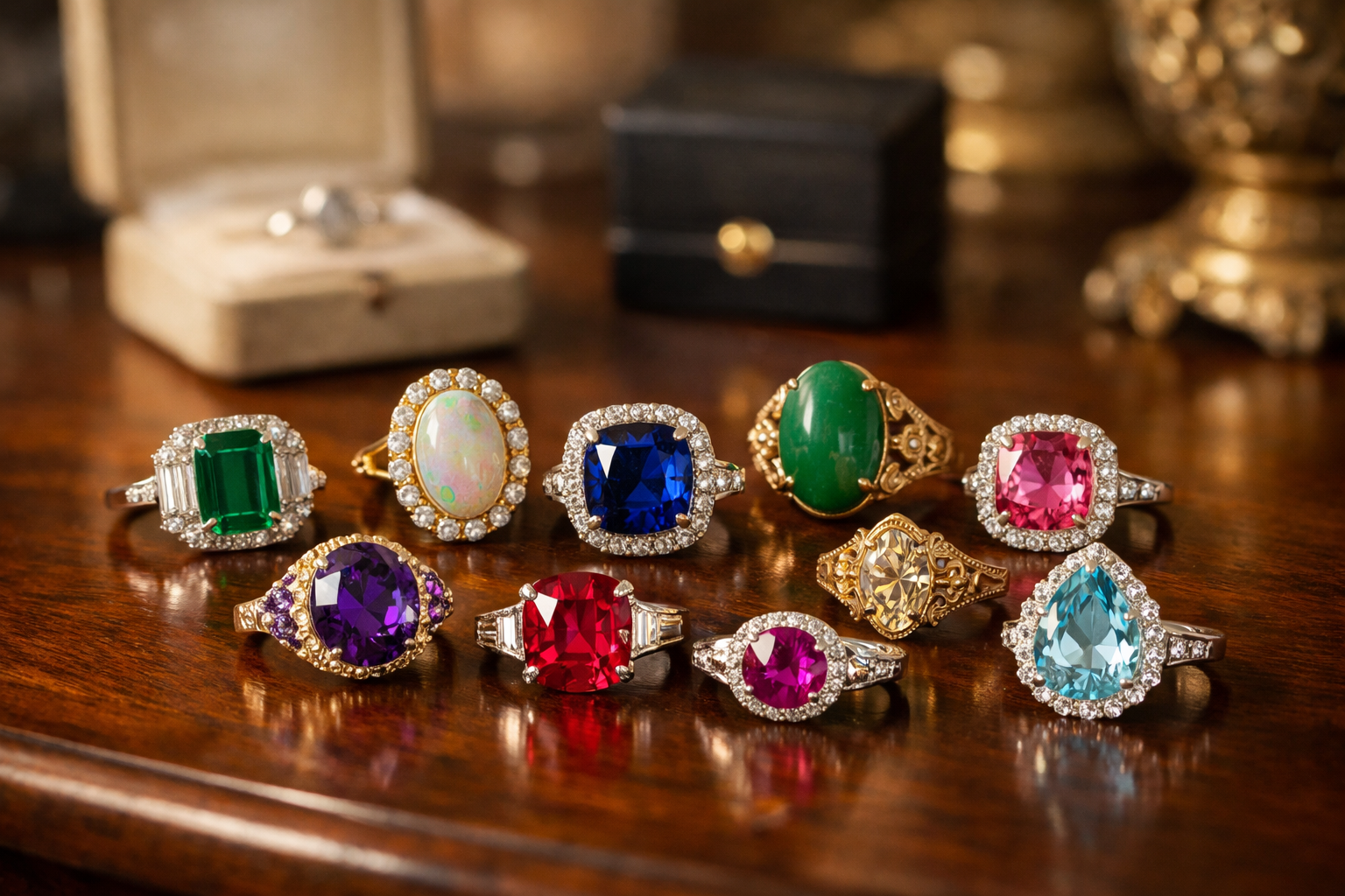 Colorful gemstone rings on a polished wood table.