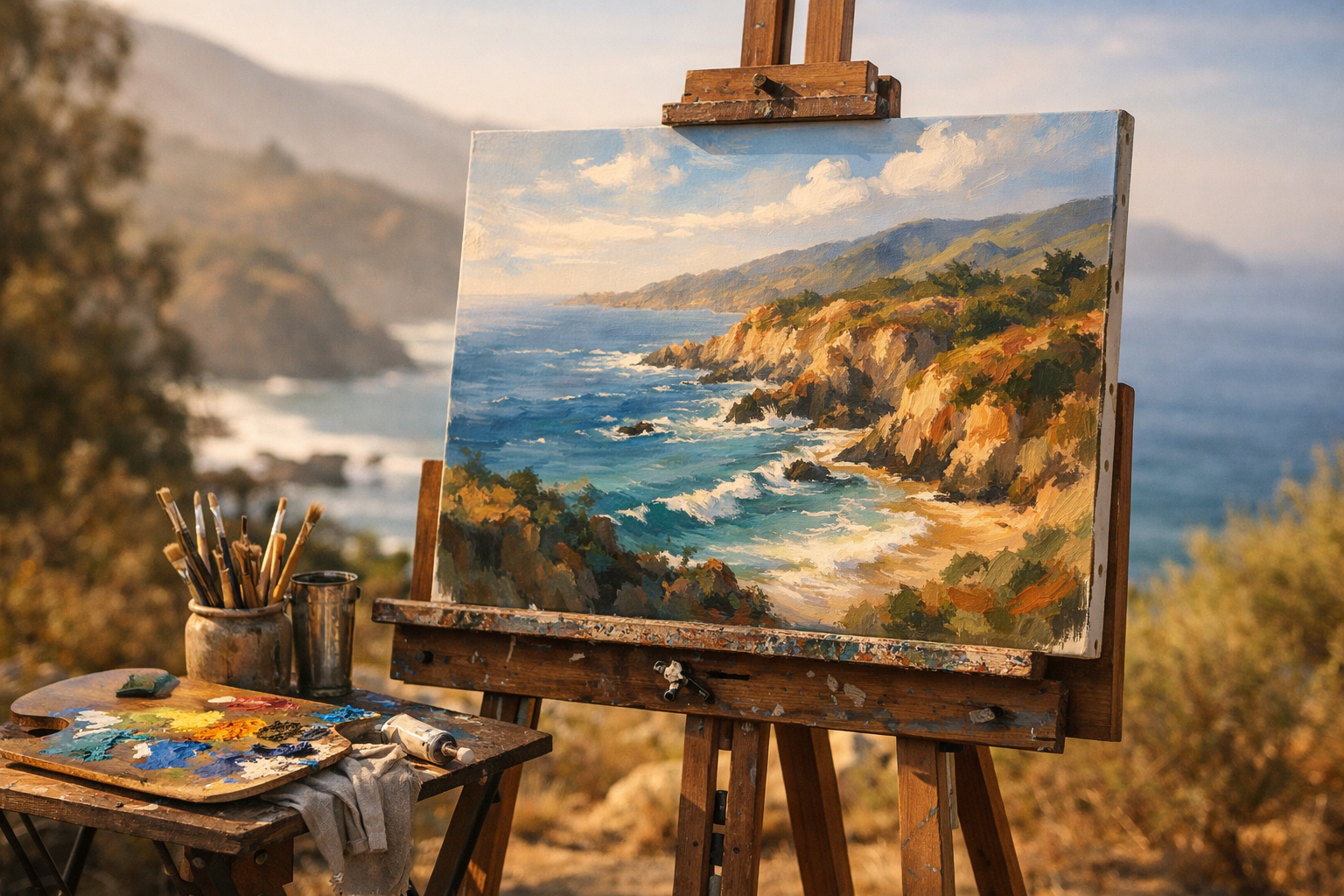 Easel with California landscape painting in natural outdoor setting.