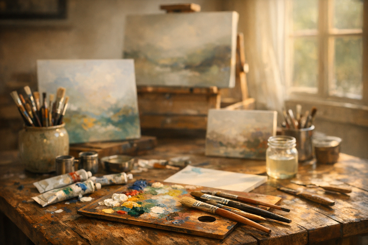 Artist's workspace with paint supplies on a wooden table.