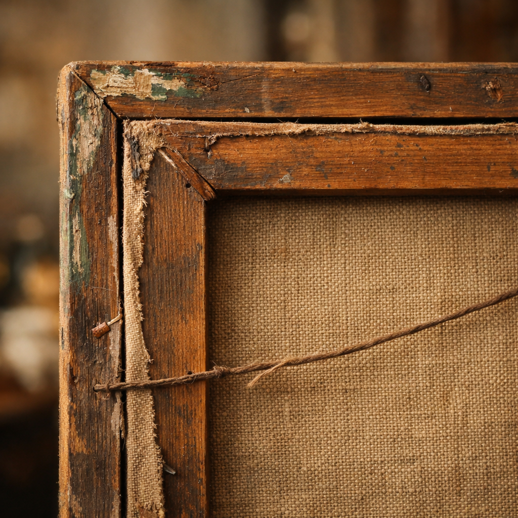 Close-up of a painting's back showing old canvas texture and edges.