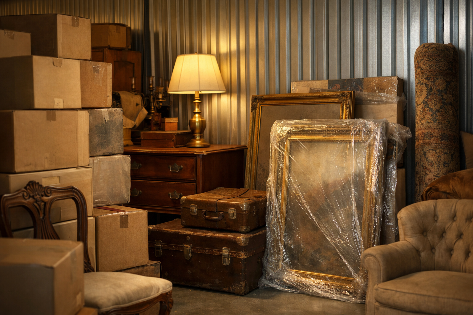 Storage unit with vintage boxes and furniture, hinting at hidden treasures.