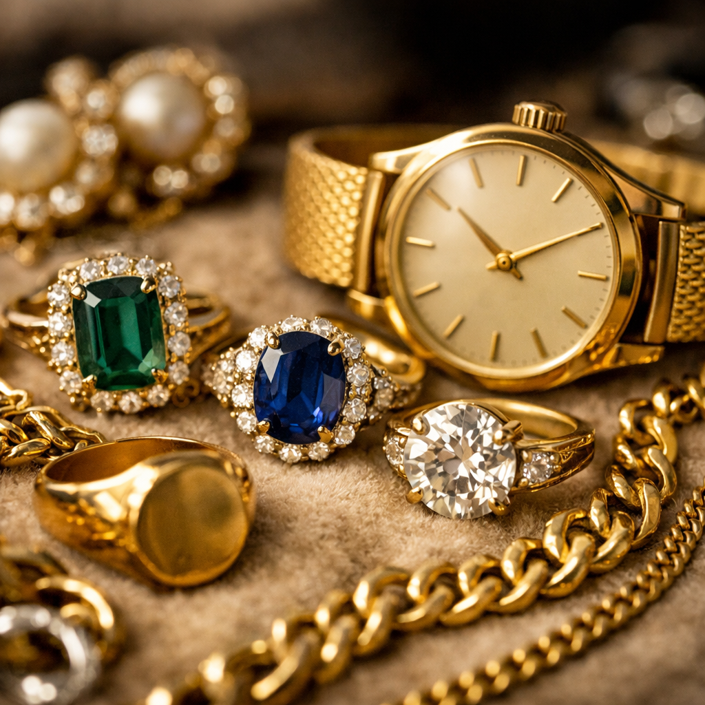 Close-up of vintage jewelry on velvet surface with gold chains and rings.