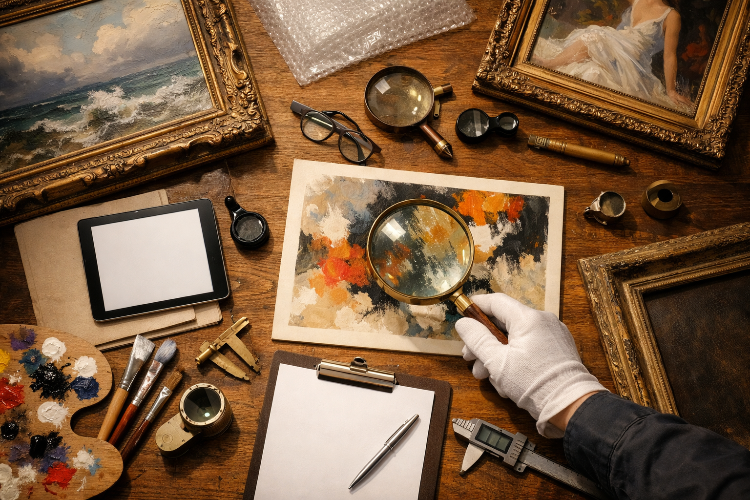 Worktable with art supplies, frames, and paintings hinting at art appraisal.