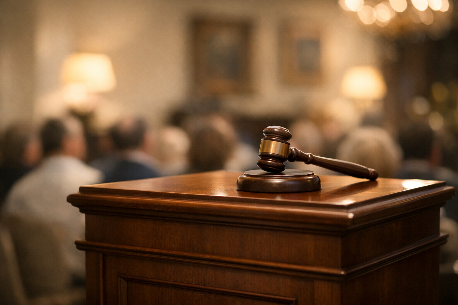 An auction podium with a gavel in a softly lit auction room.