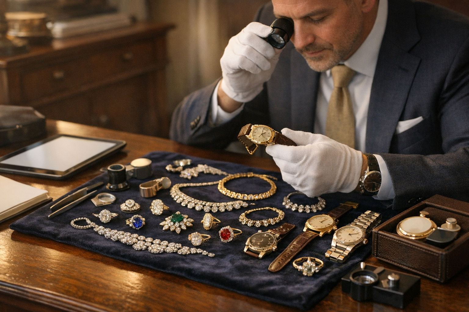 Jewelry and watches on velvet with appraisal tools in an elegant office.