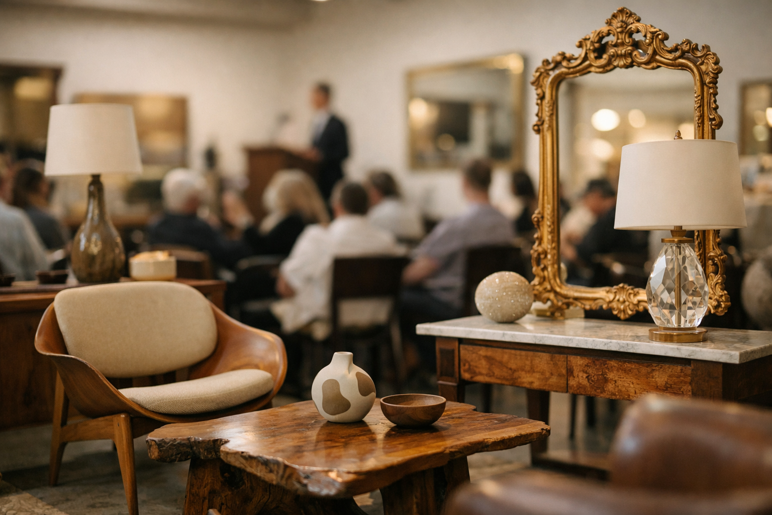 Vintage furniture in a soft-lit auction room with blurred figures in the background.