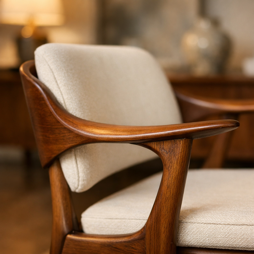 Closeup of a midcentury modern chair highlighting woodwork details.