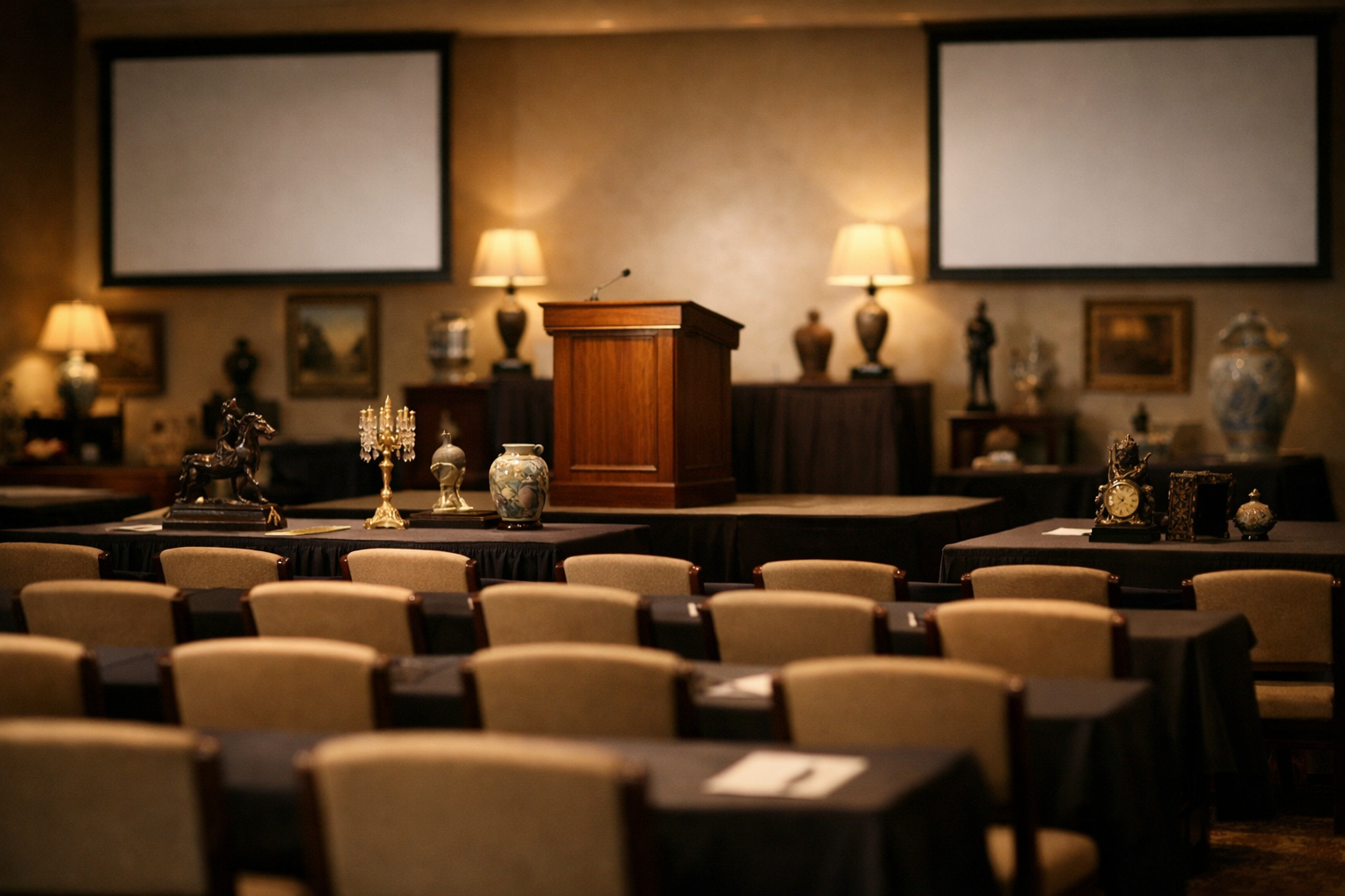 Auction room setup with aligned chairs and tables, auctioneer's podium in view.