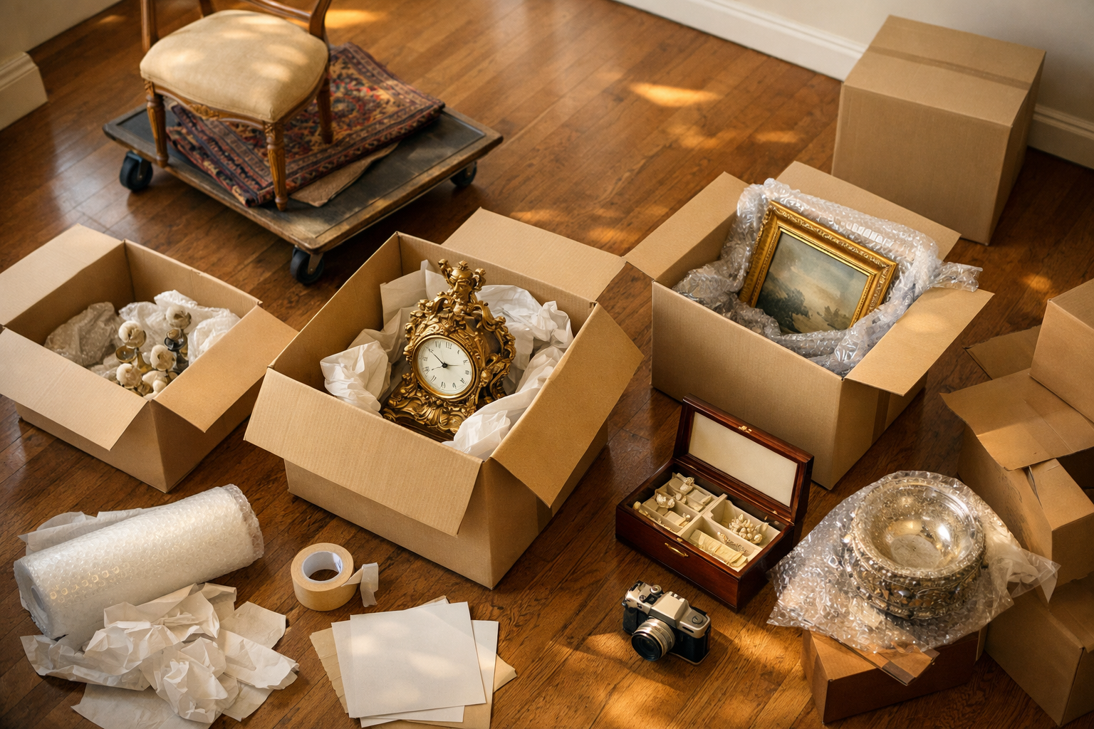 Room being cleared during an estate cleanout with items in boxes.