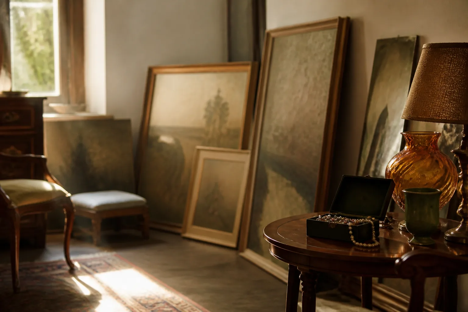 A quiet room with paintings, mid-century furniture, and a jewelry box in soft light.