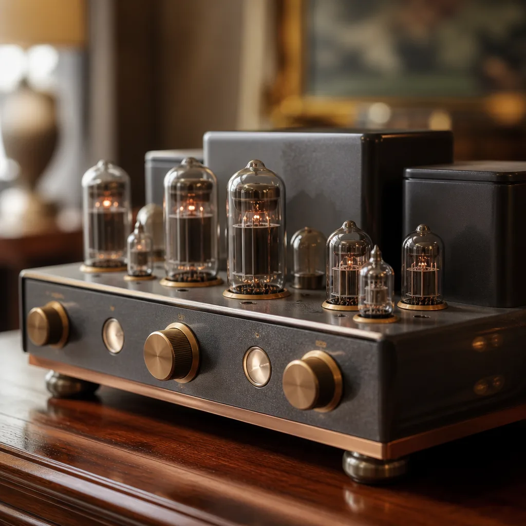 Closeup of vintage tube amplifier on a wooden surface.