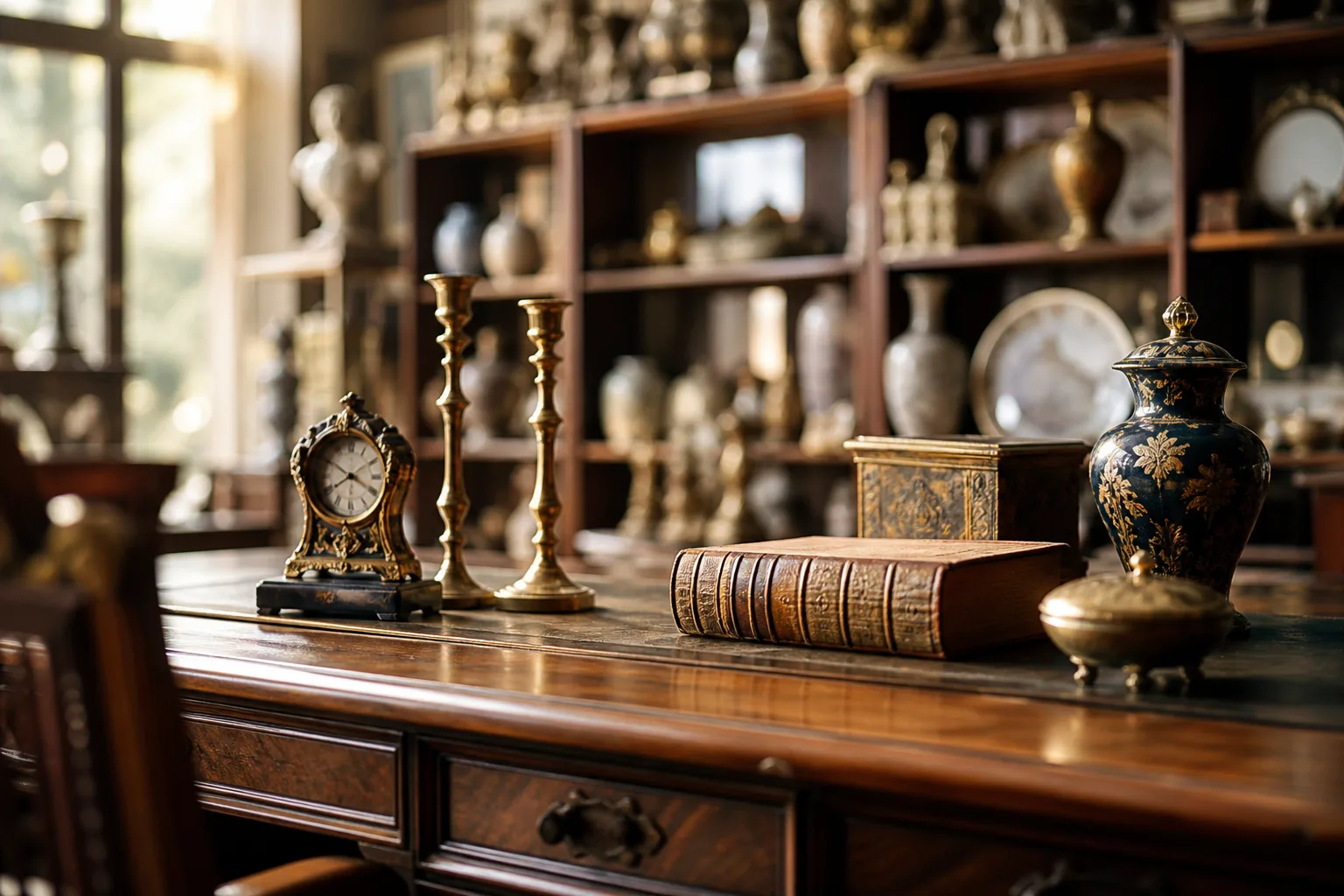 Vintage wooden desk with antique items in a sunlit room.