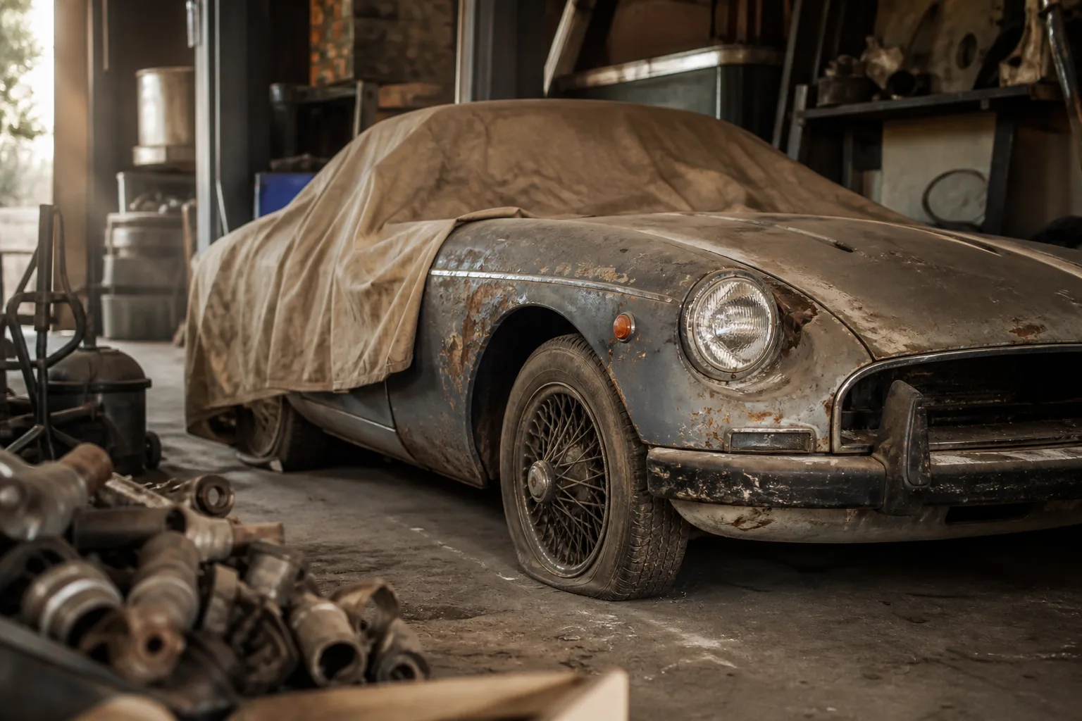 A classic car in a garage, partially covered, showing worn tires and rust, surrounded by old car parts.