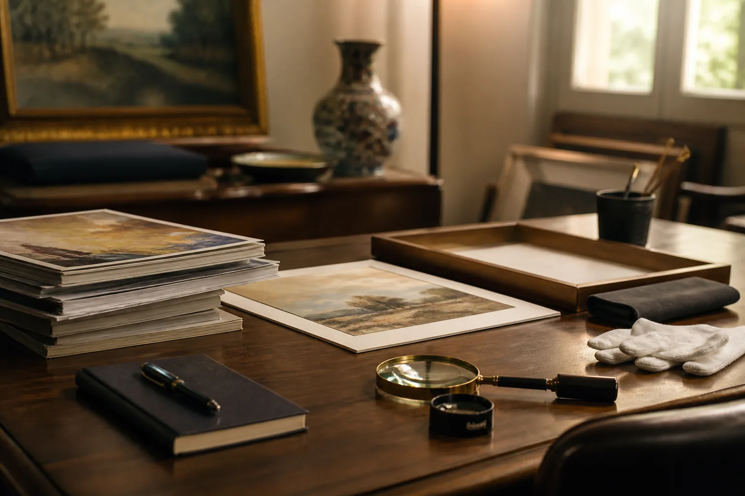 A wooden desk with art appraisal tools and art catalogs, softly lit in a warm workspace.